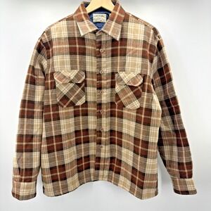 VTG 80/90s Oakton Plaid Flannel Quilt Lined Jacket Button Up Brown Mens L Hike